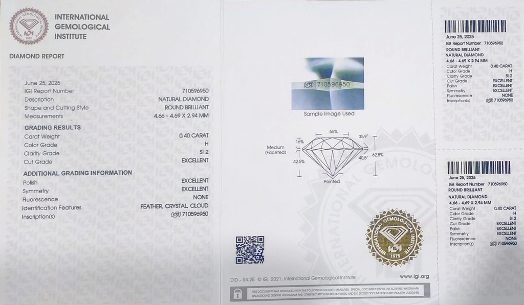 DIAMANTE TALLA  BRILLANTE 1 RD H-SI 0.40 CT.CON CERTIFICADO I.G.I.