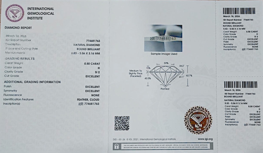 DIAMANTE TALLA BRILLANTE 1 RD H-SI 0.50 CT.CON CERTIFICADO I.G.I.
