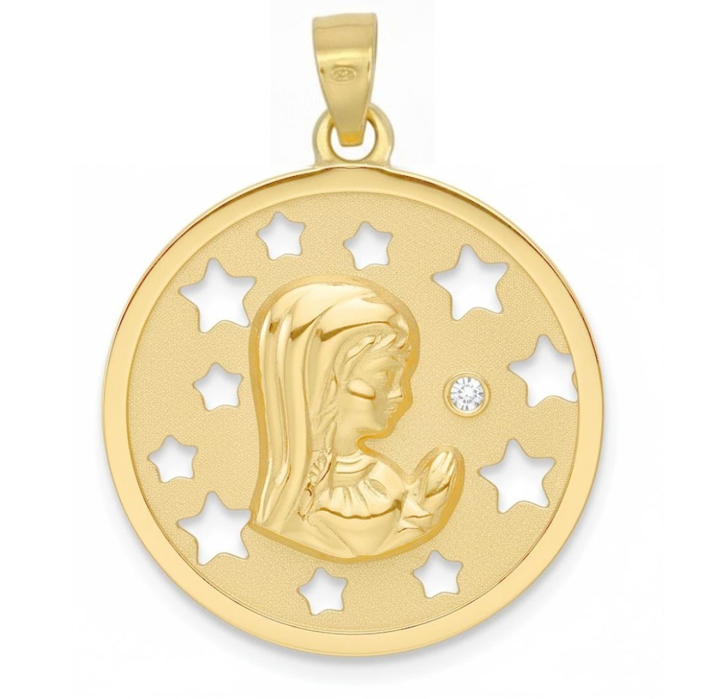 MEDALLA VIRGEN NIÑA CALADA CON ESTRELLAS  18 MM.