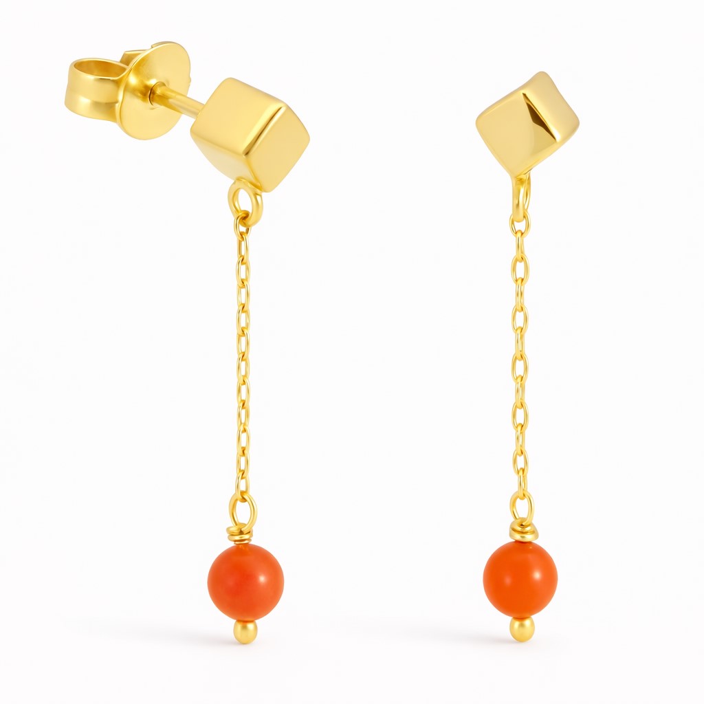PENDIENTES  CUBO Y BOLAS DE  CORAL NATURAL