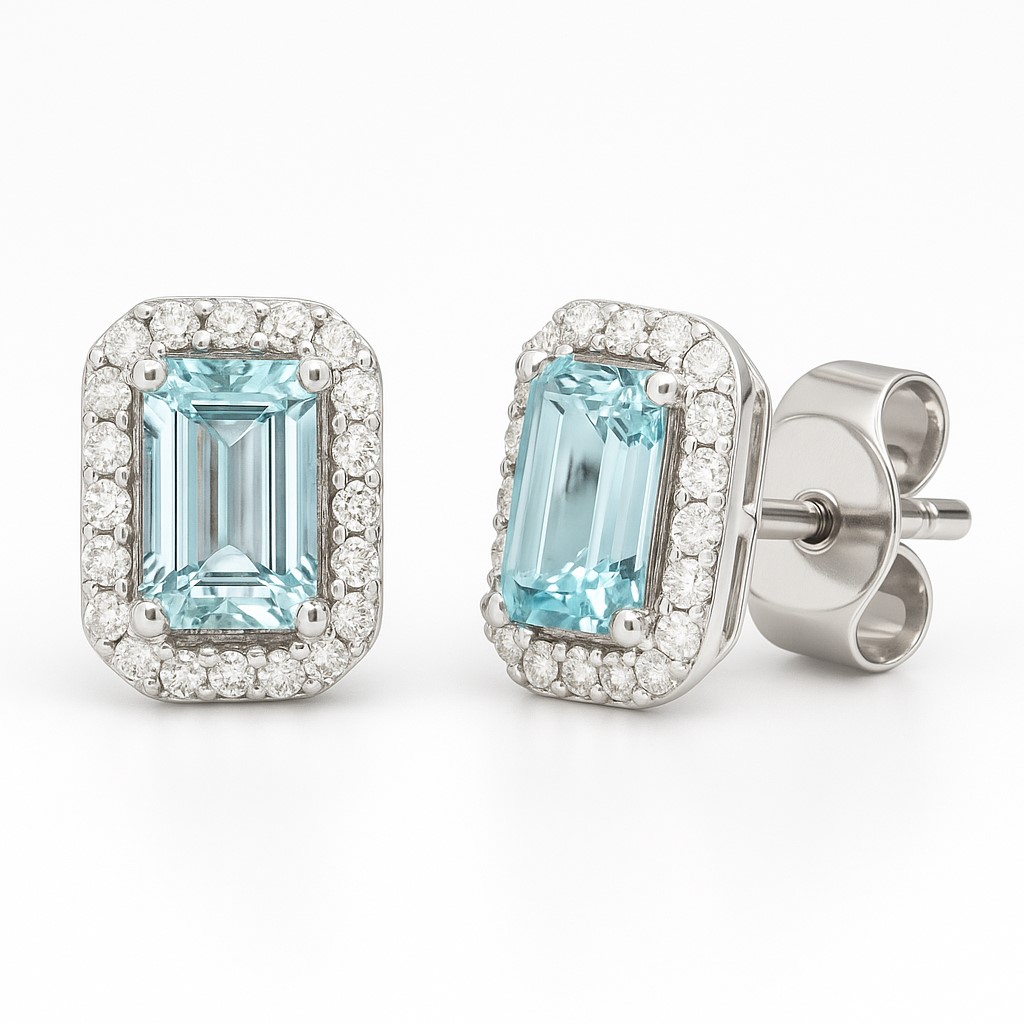 PENDIENTES AGUA MARINA 6x4MM( 0.54 CT TW) Y BRILLANTES  1.024 DI 64 RD SI 0.14 CT TW