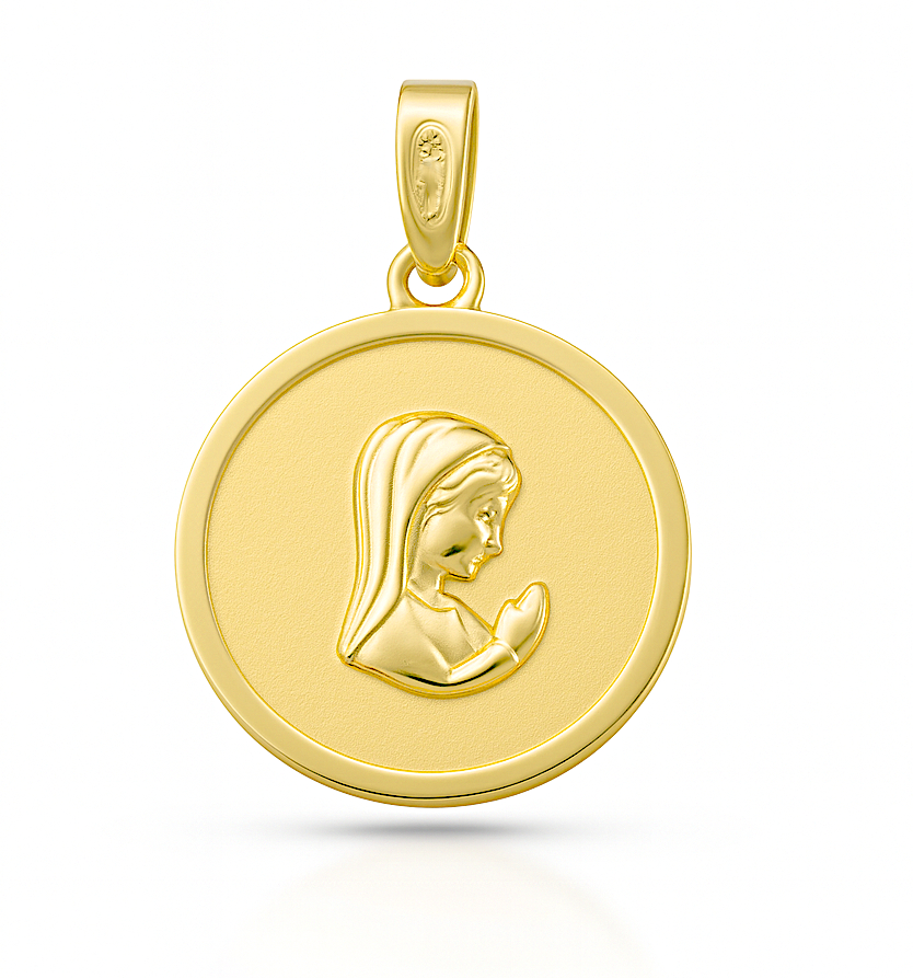 MEDALLA VIRGEN NIÑA REDONDA SATINADA 16 MM 9KILATES