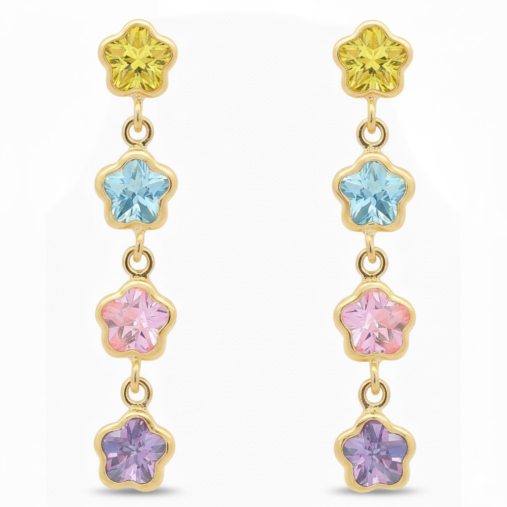 PENDIENTES LARGOS 4 CIRCONITAS BOCELADAS DE COLOR.29MM.PRESION 9K