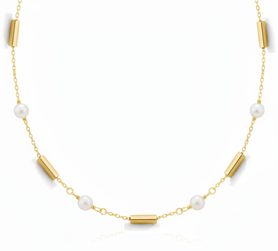4MM FRESHWATER PEARLS AND GOLD TUBES NECKLACE.9 KARAT