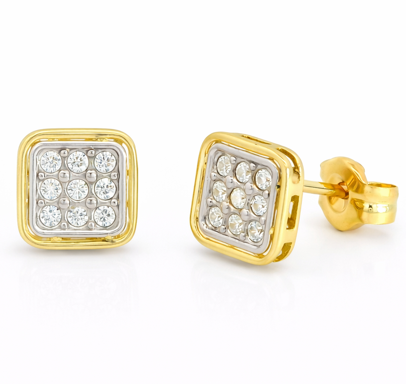 6MM TWO TONE GOLD SQUARE STUD EARRINGS.9 KARAT