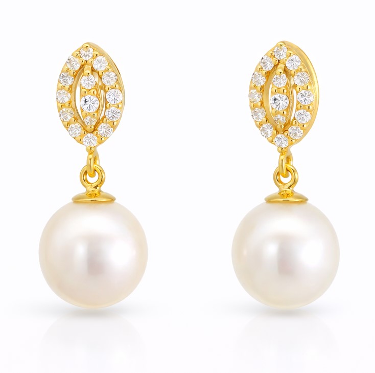 PENDIENTES CIRCONITAS Y PERLA CULTIVADA DE 7MM.9 KILATES