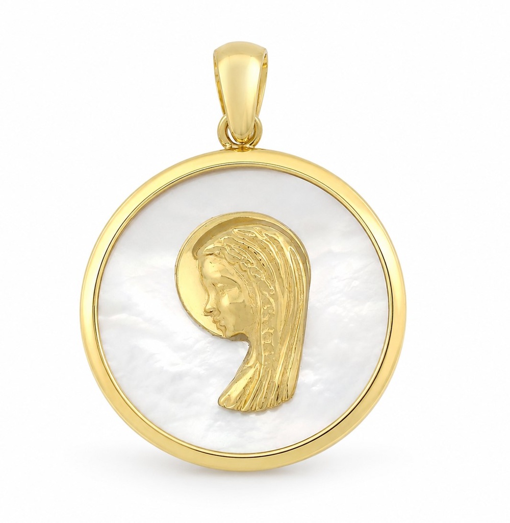 MEDALLA VIRGEN NIÑA REDONDA  CON NACAR ,16 MM.9KILATES