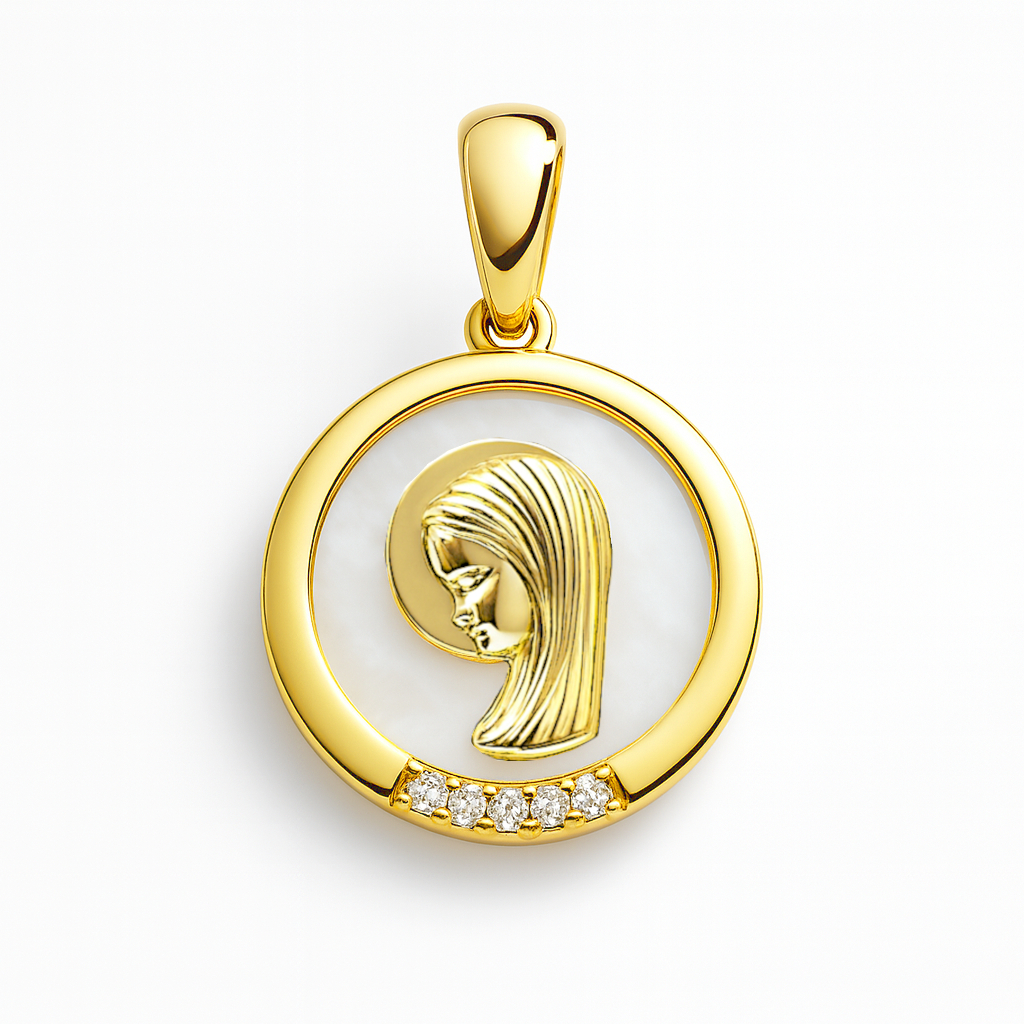 13MM MOTHER OF PEARL VIRGIN MEDAL.