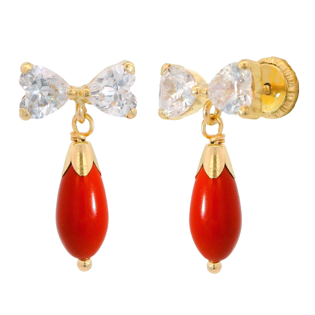 PENDIENTES LAZO 2 CORAZONES 4x4  Y PERITA COLOR CORAL