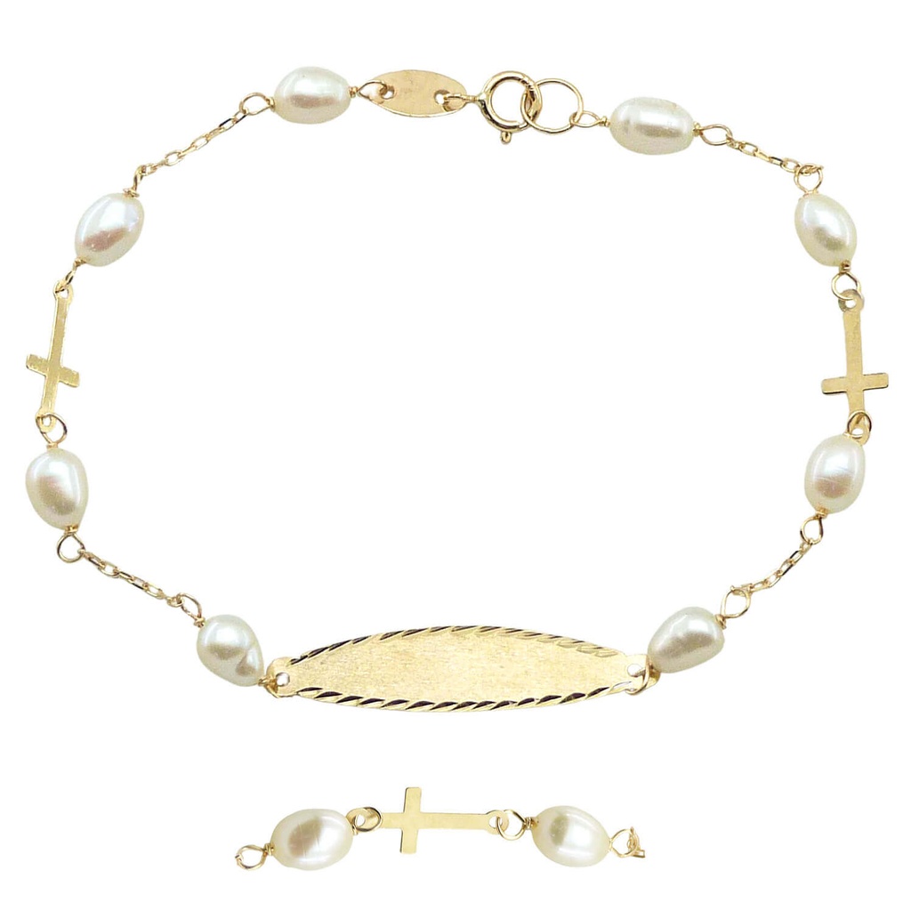 PULSERA COMUNION CON CHAPA ,PERLAS Y CRUCES. Perla Cultivada