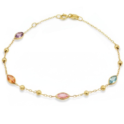 [00179PU] GOLD BALLS AND COLORED MARQUISE CZ BRACELET.17CM