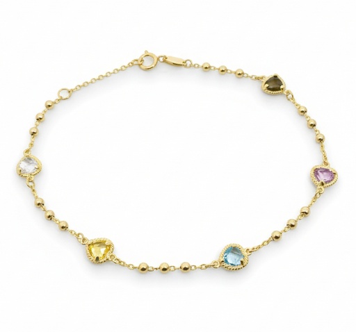 [9K0037PU] PULSERA CORAZONES CIRCONITA DE COLOR Y BOLAS.17CM.9 KILATES