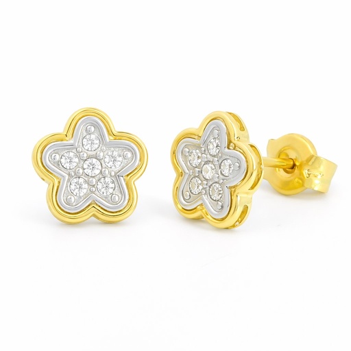 [9K0051] 6MM TWO TONE GOLD FLOWER STUD EARRINGS.9 KARAT