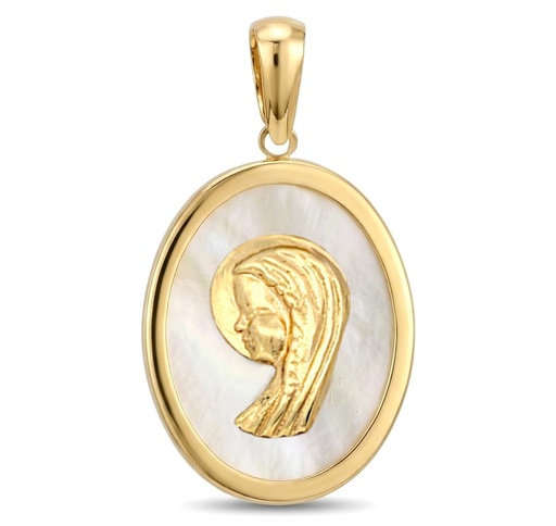 [9K0081] MEDALLA VIRGEN NIÑA OVAL  CON NACAR ,18x14 MM.9KILATES