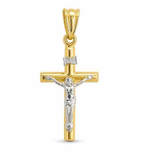 [9K0089] CRUZ LISA CON CRISTO BICOLOR .9 KILATES