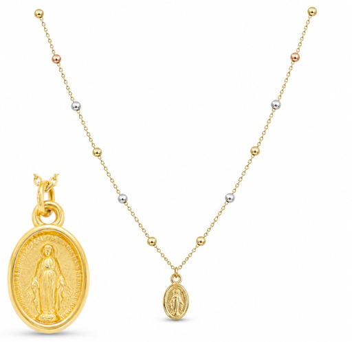 [9K0098] TRICOLOR BALLS AND MIRACULOUS VIRGIN MARY NECKLACE.9 KARAT