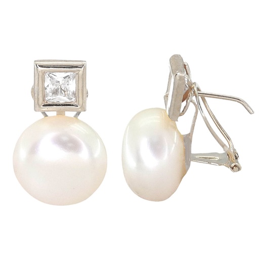 [2315/OB] PENDIENTES ORO BLANCO CUADRADOS 7.5MM PERLA12MM OMEGA. Perla Cultivada