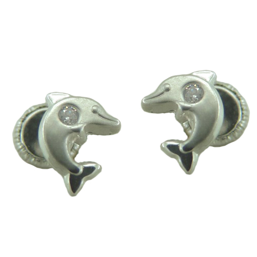 [9760B] 7MM WHITE GOLD DOLPHINS ESTUD EARRINGS.SCREW BACK.